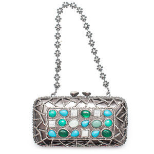Ins Silver Gunmetal Blue Turq Minaudiere Evening Bag Handbag Crystal Beaded New